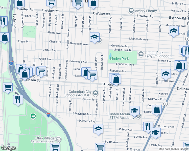 map of restaurants, bars, coffee shops, grocery stores, and more near 2438 Lexington Avenue in Columbus