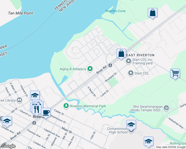 map of restaurants, bars, coffee shops, grocery stores, and more near 1515 River Road in Cinnaminson