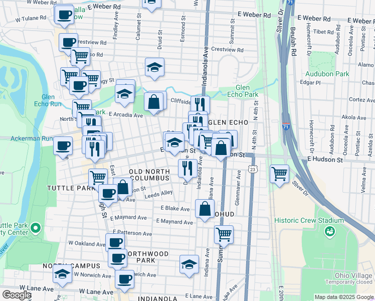 map of restaurants, bars, coffee shops, grocery stores, and more near East Hudson Street & Deming Avenue in Columbus