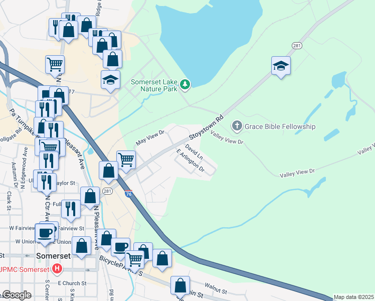 map of restaurants, bars, coffee shops, grocery stores, and more near 117 David Lane in Somerset