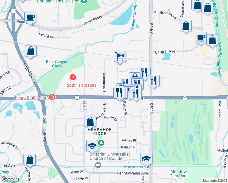 map of restaurants, bars, coffee shops, grocery stores, and more near 5151 Arapahoe Avenue in Boulder