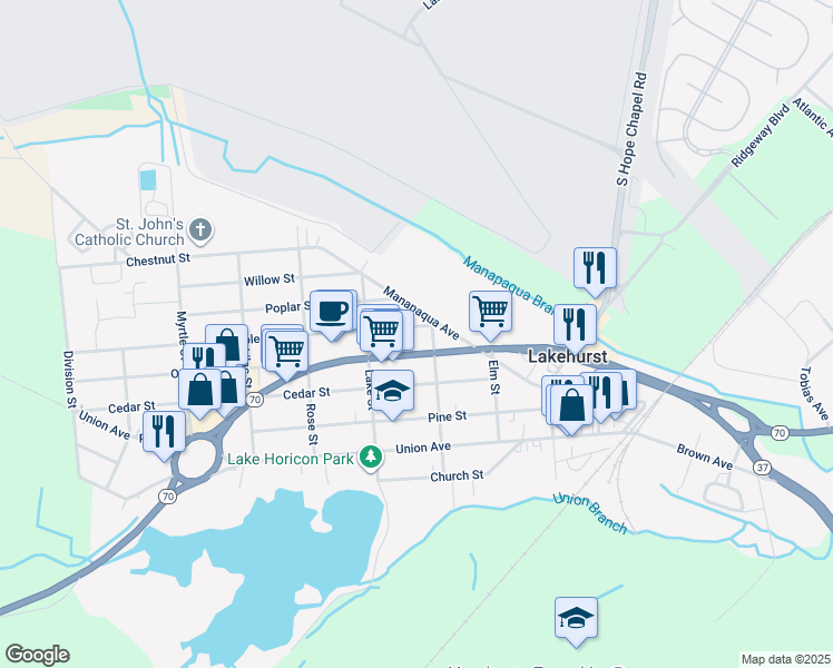 map of restaurants, bars, coffee shops, grocery stores, and more near 302 Maple St in Lakehurst