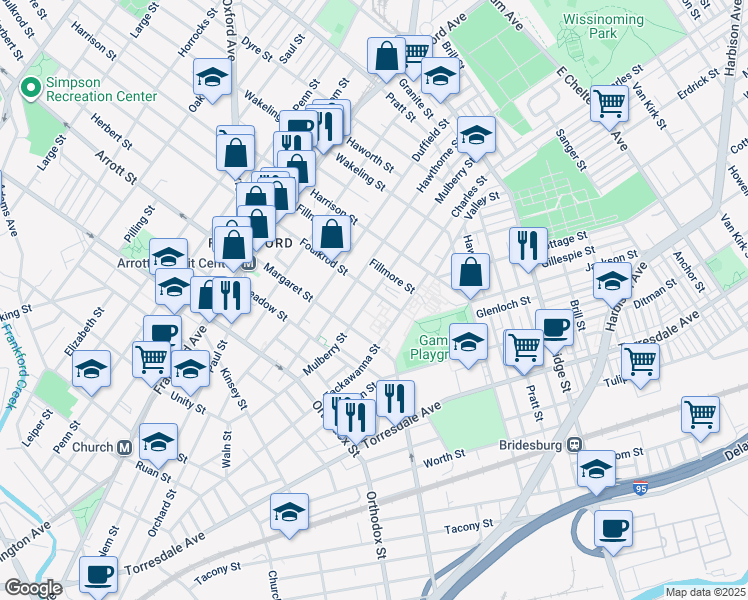 map of restaurants, bars, coffee shops, grocery stores, and more near 4743 Mulberry Street in Philadelphia