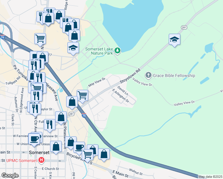 map of restaurants, bars, coffee shops, grocery stores, and more near 118 Don Lane in Somerset