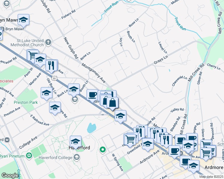 map of restaurants, bars, coffee shops, grocery stores, and more near 346 Montgomery Avenue in Haverford