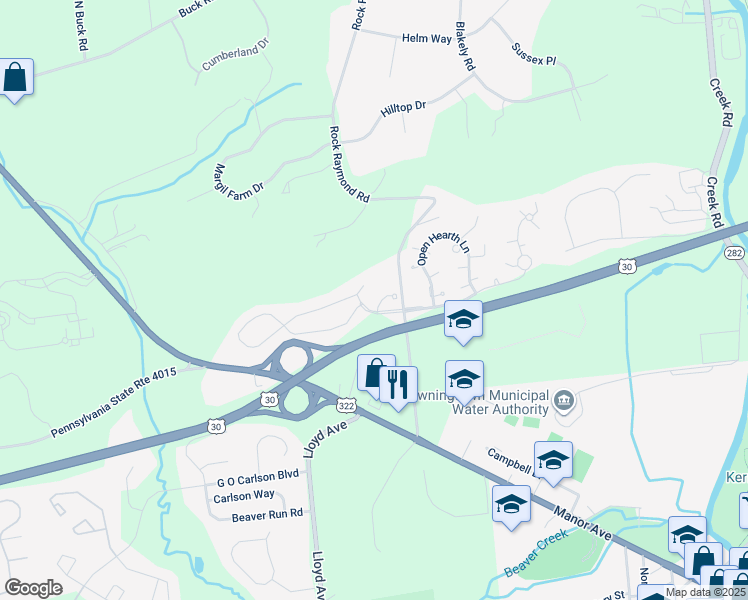 map of restaurants, bars, coffee shops, grocery stores, and more near 1012 Aris Pear Way in Downingtown
