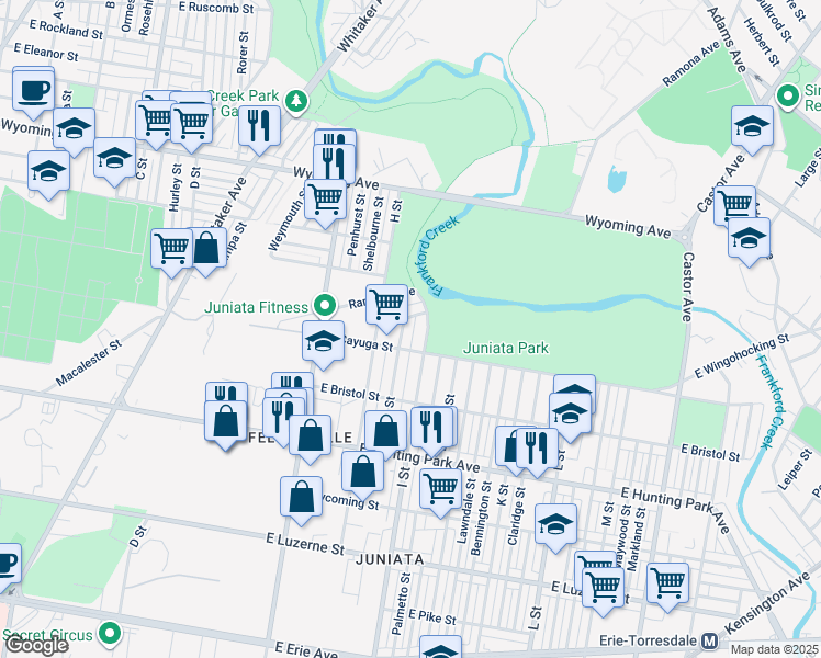 map of restaurants, bars, coffee shops, grocery stores, and more near 4423 Malta Street in Philadelphia