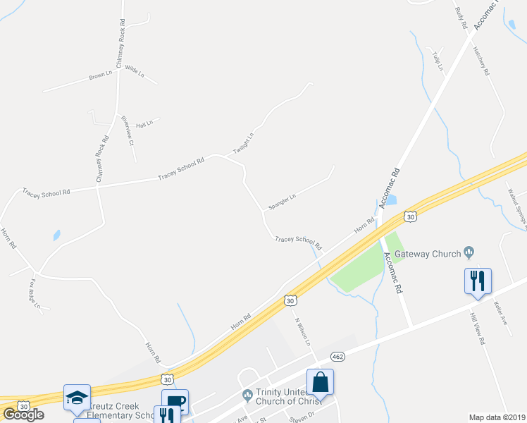 map of restaurants, bars, coffee shops, grocery stores, and more near 5300 Spangler Lane in York