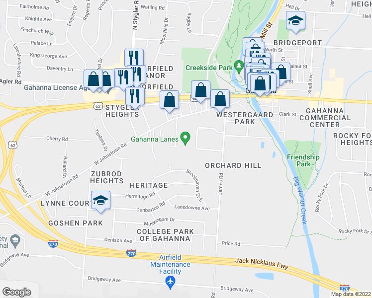 map of restaurants, bars, coffee shops, grocery stores, and more near 215 West Johnstown Road in Gahanna
