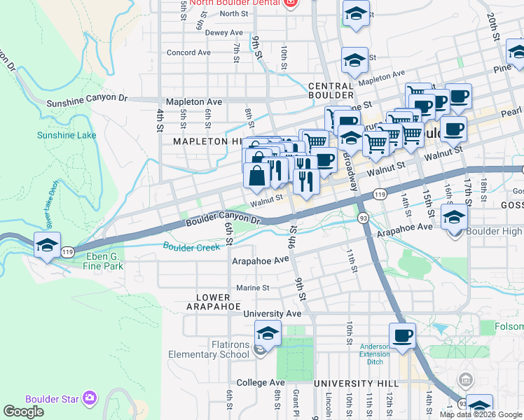 map of restaurants, bars, coffee shops, grocery stores, and more near 750 Walnut Street in Boulder