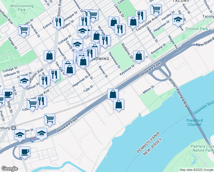 map of restaurants, bars, coffee shops, grocery stores, and more near 6039 Keystone Street in Philadelphia
