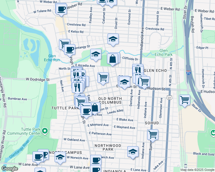 map of restaurants, bars, coffee shops, grocery stores, and more near 164 East Hudson Street in Columbus