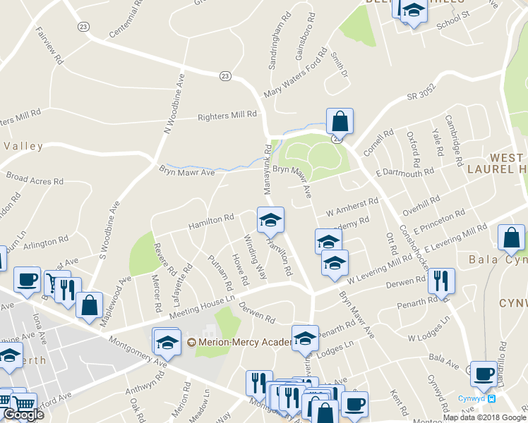 map of restaurants, bars, coffee shops, grocery stores, and more near 205 Standish Road in Merion Station