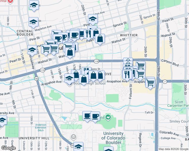 map of restaurants, bars, coffee shops, grocery stores, and more near in Boulder