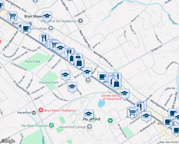 map of restaurants, bars, coffee shops, grocery stores, and more near 10 Booth Lane in Haverford