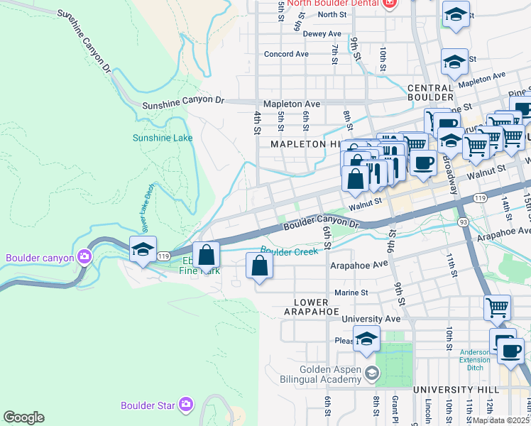 map of restaurants, bars, coffee shops, grocery stores, and more near 320 Pearl Street in Boulder