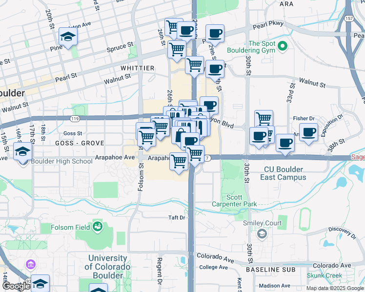 map of restaurants, bars, coffee shops, grocery stores, and more near 1633 28th Street in Boulder