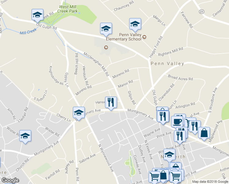 map of restaurants, bars, coffee shops, grocery stores, and more near 404 McClenaghan Mill Road in Wynnewood