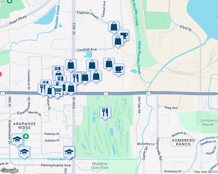 map of restaurants, bars, coffee shops, grocery stores, and more near 5721 Arapahoe Avenue in Boulder