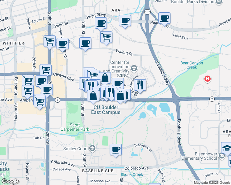 map of restaurants, bars, coffee shops, grocery stores, and more near 3301 Arapahoe Avenue in Boulder