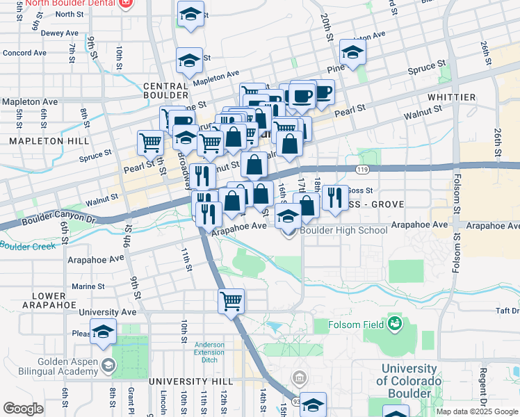map of restaurants, bars, coffee shops, grocery stores, and more near 1511 Grove Street in Boulder