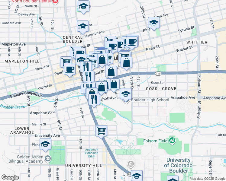 map of restaurants, bars, coffee shops, grocery stores, and more near 1722 14th Street in Boulder
