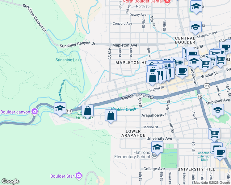 map of restaurants, bars, coffee shops, grocery stores, and more near 320 Pearl Street in Boulder