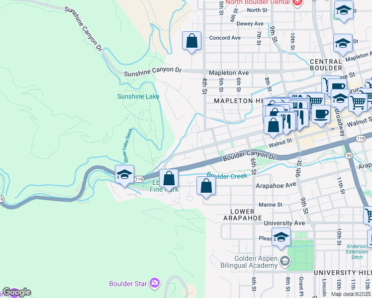 map of restaurants, bars, coffee shops, grocery stores, and more near 287 Pearl Street in Boulder