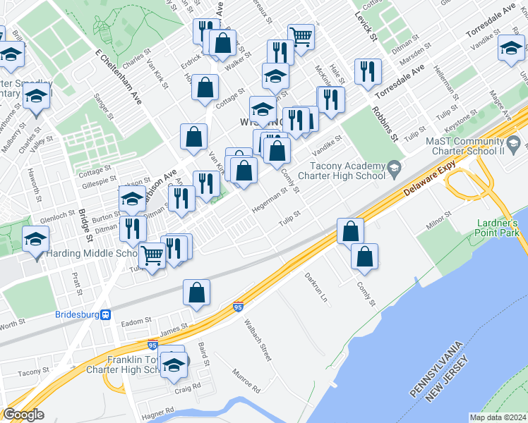 map of restaurants, bars, coffee shops, grocery stores, and more near 5823 Hegerman Street in Philadelphia