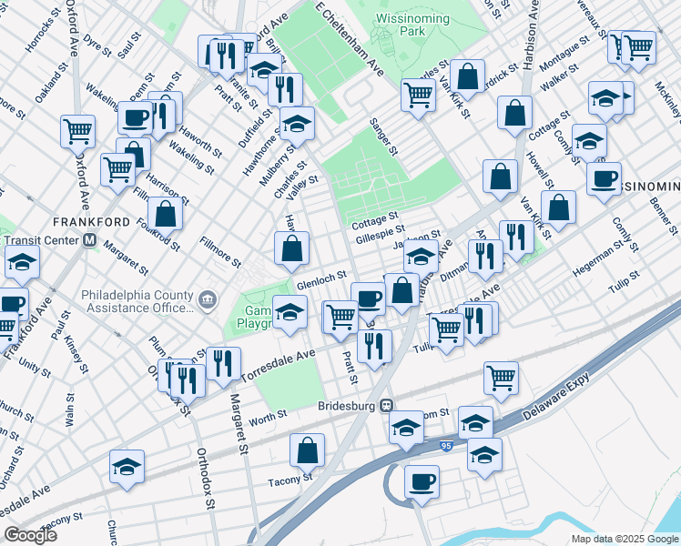 map of restaurants, bars, coffee shops, grocery stores, and more near 5126 Glenloch Street in Philadelphia