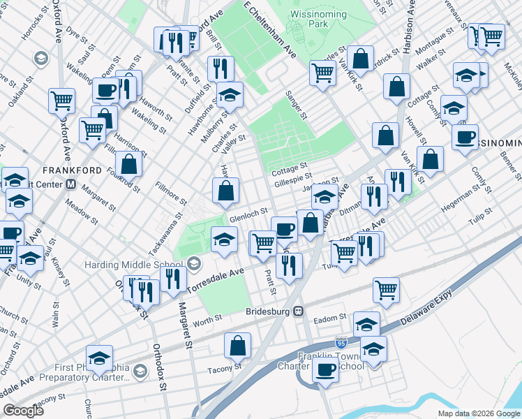 map of restaurants, bars, coffee shops, grocery stores, and more near 5126 Glenloch Street in Philadelphia