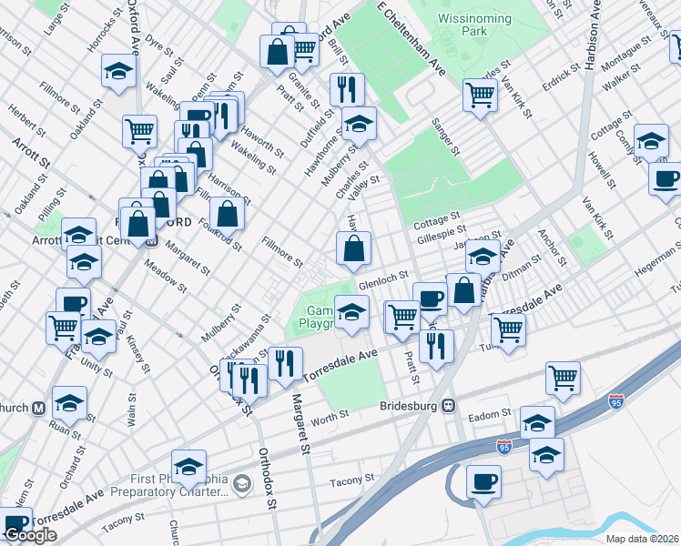 map of restaurants, bars, coffee shops, grocery stores, and more near 1932 Harrison Street in Philadelphia