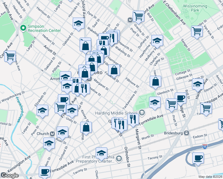 map of restaurants, bars, coffee shops, grocery stores, and more near 1695 Margaret Street in Philadelphia