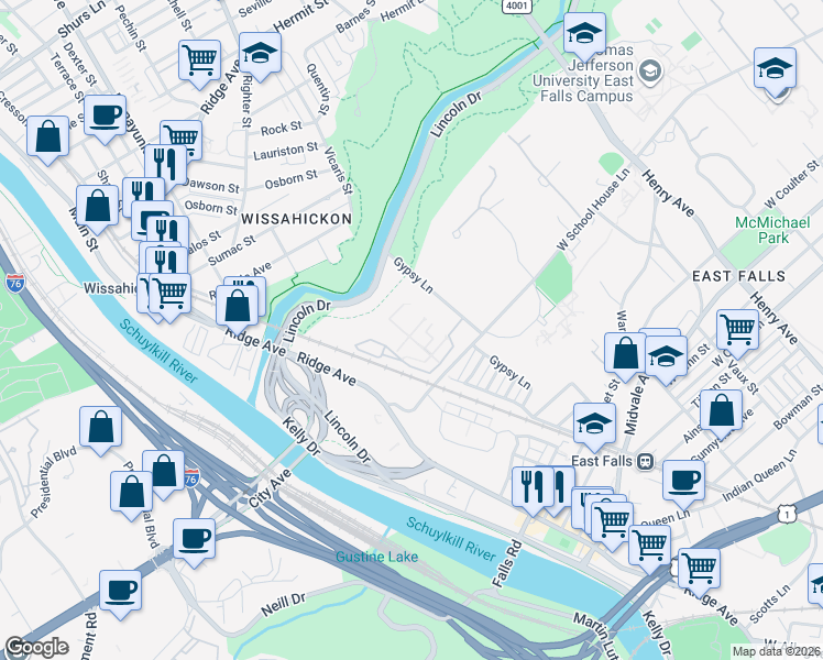 map of restaurants, bars, coffee shops, grocery stores, and more near 4000 Gypsy Lane in Philadelphia