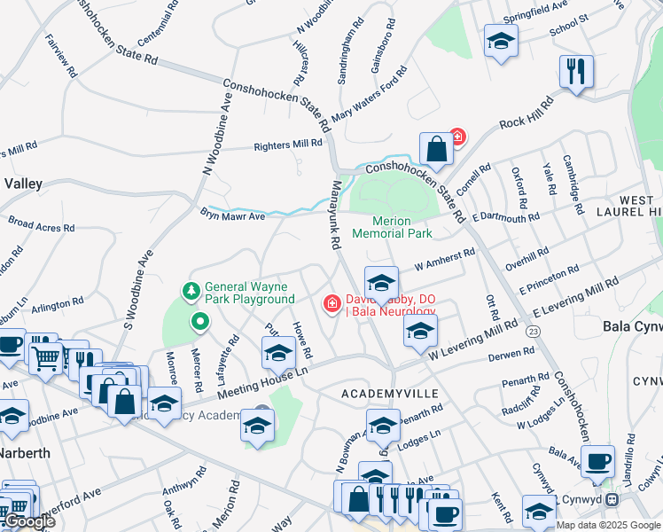 map of restaurants, bars, coffee shops, grocery stores, and more near 205 Standish Road in Merion Station