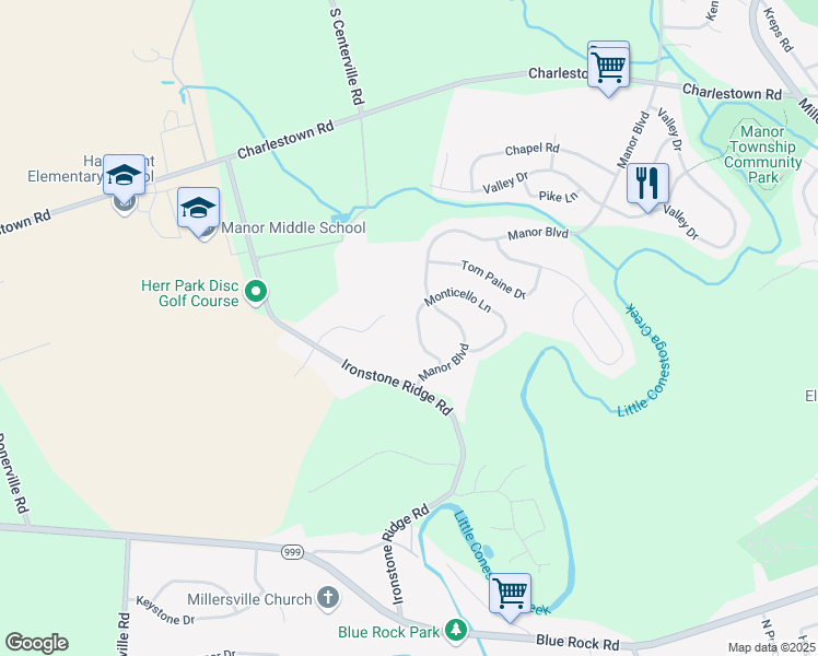 map of restaurants, bars, coffee shops, grocery stores, and more near 1082 Monticello Lane in Lancaster