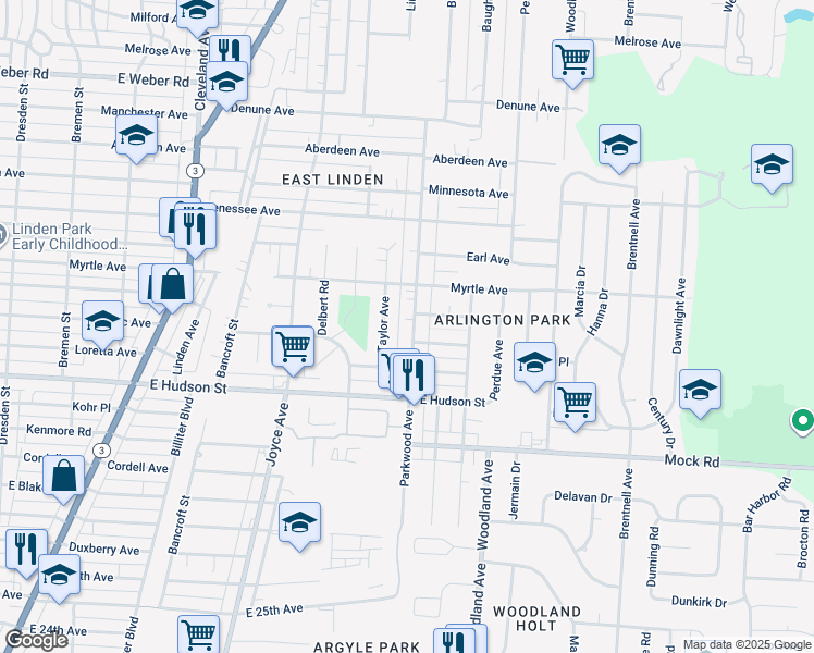 map of restaurants, bars, coffee shops, grocery stores, and more near 2322 Parkwood Avenue in Columbus