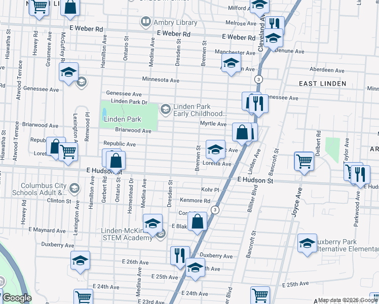 map of restaurants, bars, coffee shops, grocery stores, and more near 1471 Republic Avenue in Columbus