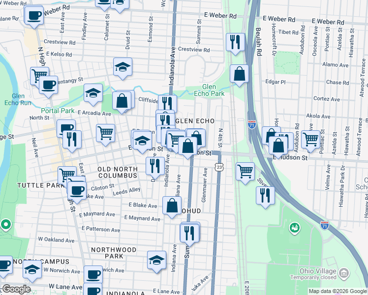 map of restaurants, bars, coffee shops, grocery stores, and more near 2546 Glen Echo Drive in Columbus