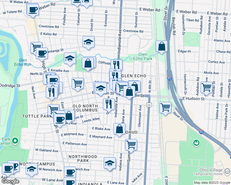 map of restaurants, bars, coffee shops, grocery stores, and more near in Columbus