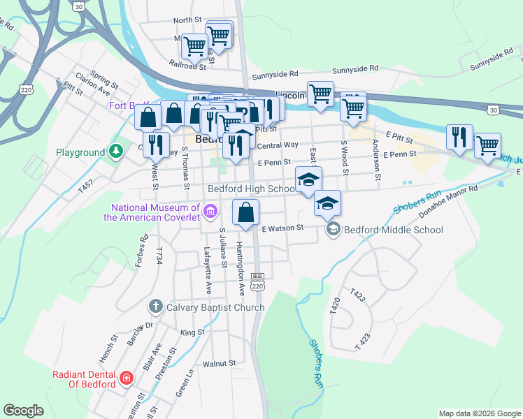 map of restaurants, bars, coffee shops, grocery stores, and more near 317 South Richard Street in Bedford