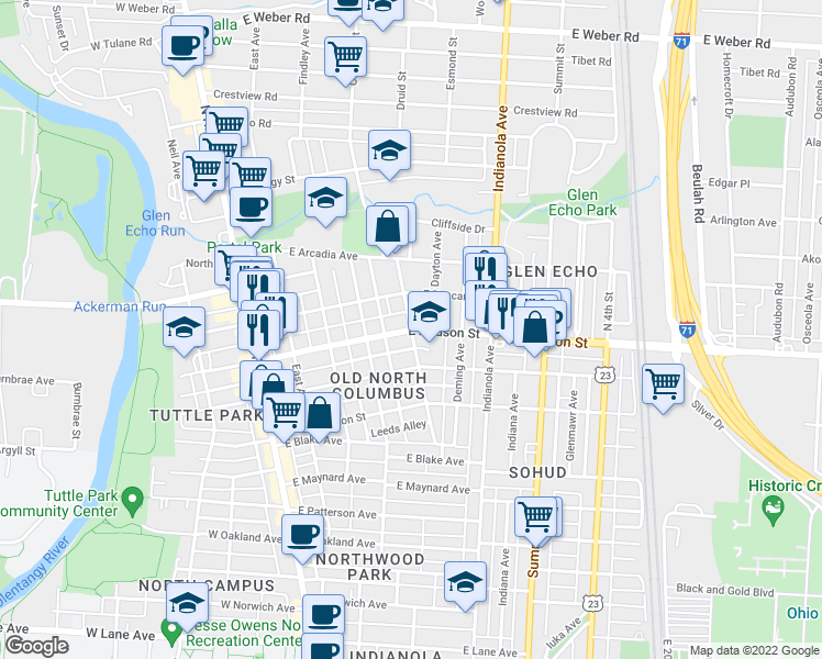 map of restaurants, bars, coffee shops, grocery stores, and more near E Hudson St & Medary Ave in Columbus