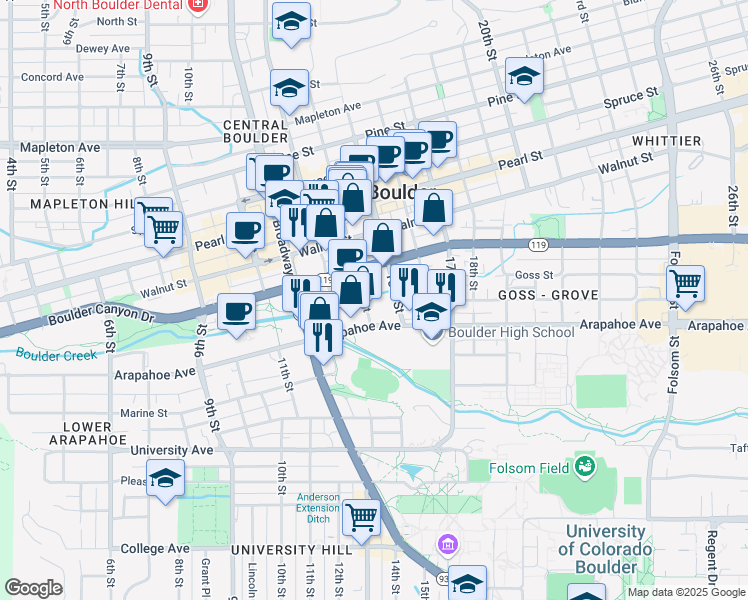 map of restaurants, bars, coffee shops, grocery stores, and more near 1722 14th Street in Boulder