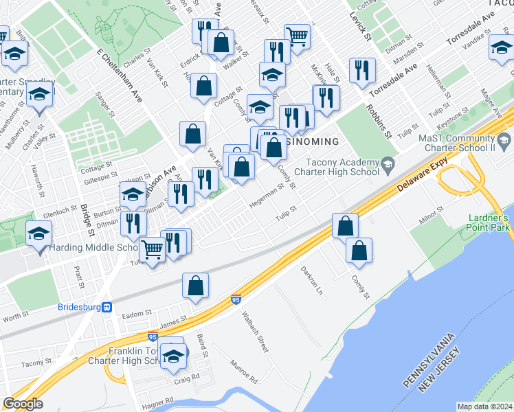 map of restaurants, bars, coffee shops, grocery stores, and more near 5813 Hegerman Street in Philadelphia