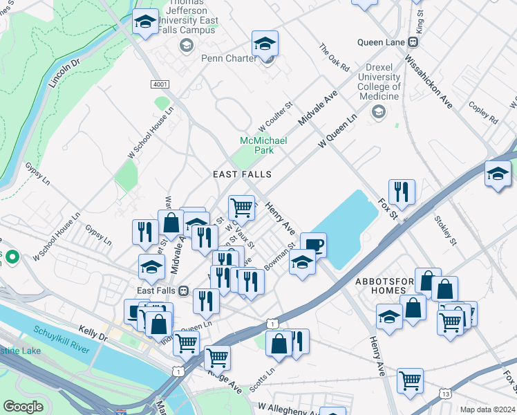 map of restaurants, bars, coffee shops, grocery stores, and more near 3304 West Queen Lane in Philadelphia