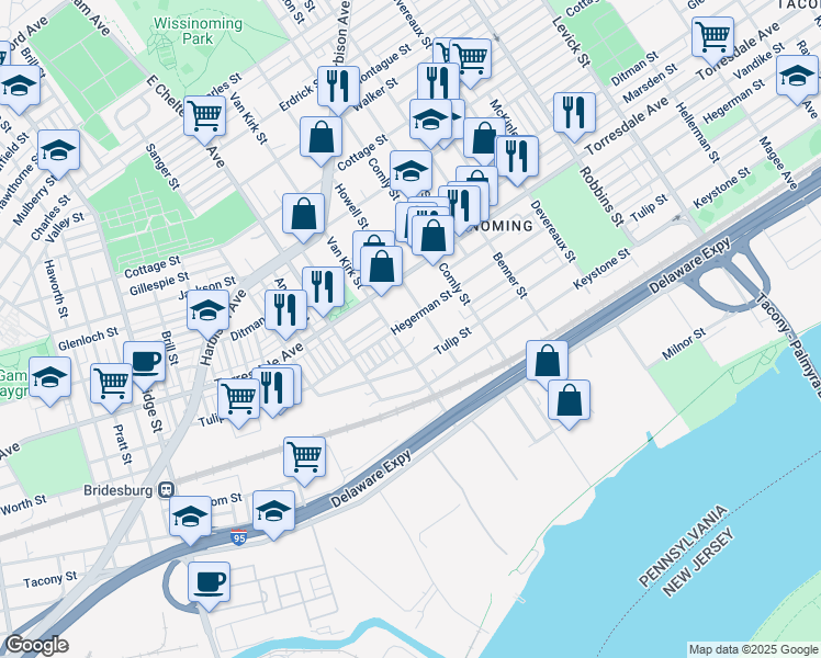 map of restaurants, bars, coffee shops, grocery stores, and more near 5823 Hegerman Street in Philadelphia