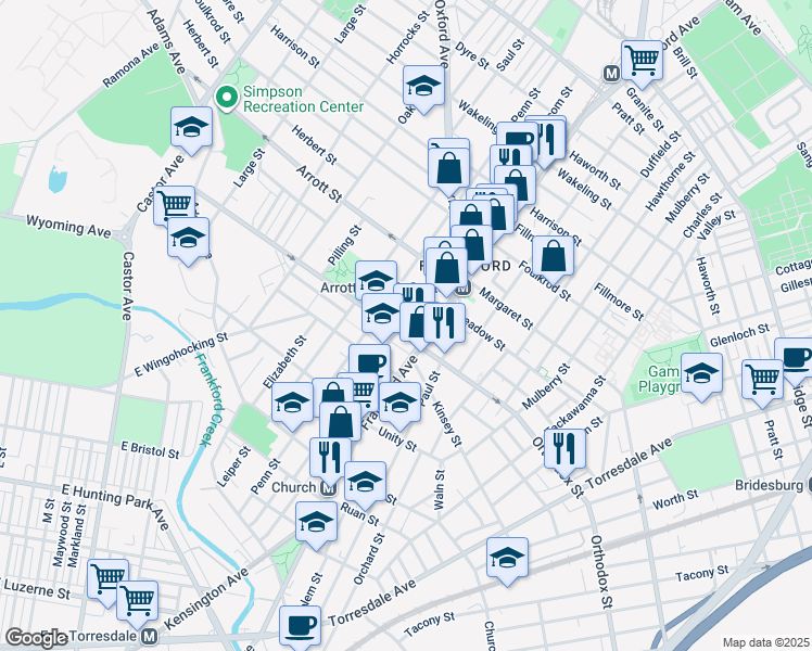 map of restaurants, bars, coffee shops, grocery stores, and more near 4607 Griscom Street in Philadelphia