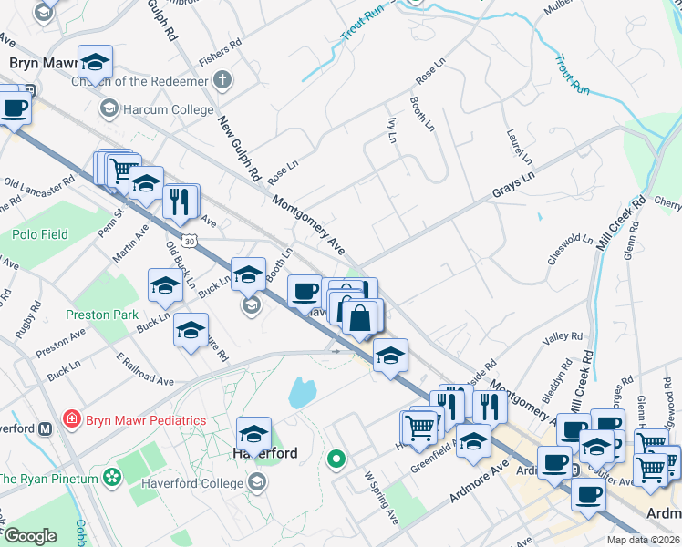 map of restaurants, bars, coffee shops, grocery stores, and more near 414 Old Lancaster Road in Haverford