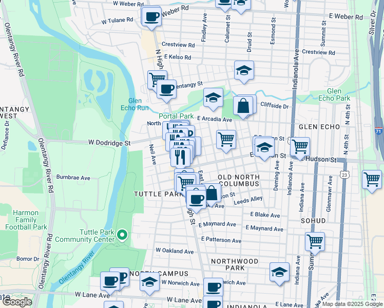 map of restaurants, bars, coffee shops, grocery stores, and more near 57 East Duncan Street in Columbus