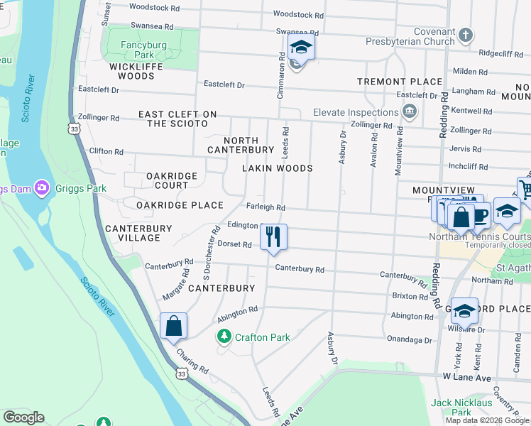 map of restaurants, bars, coffee shops, grocery stores, and more near 2553 Farleigh Road in Columbus
